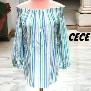 CECE NWT WOMENS OFF THE SHOULDER TOP BLOUSE AQUA DREAM PLAYA DEL SOL SMALL